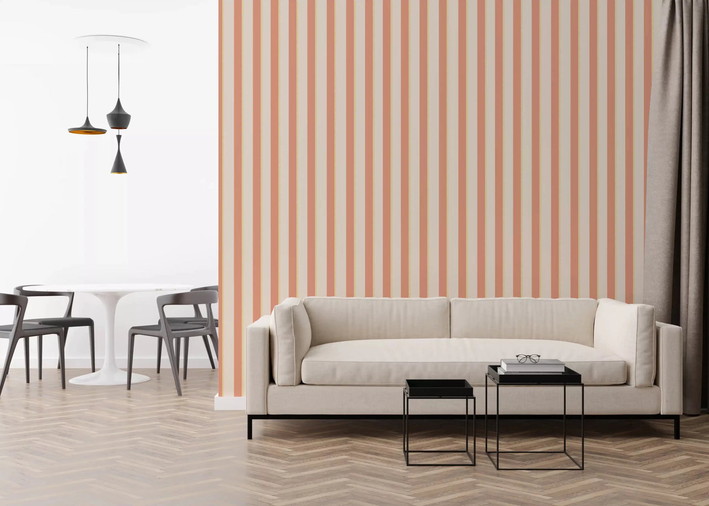 Peach & Cream Stripes Wallpaper creates a clean linear aesthetic.