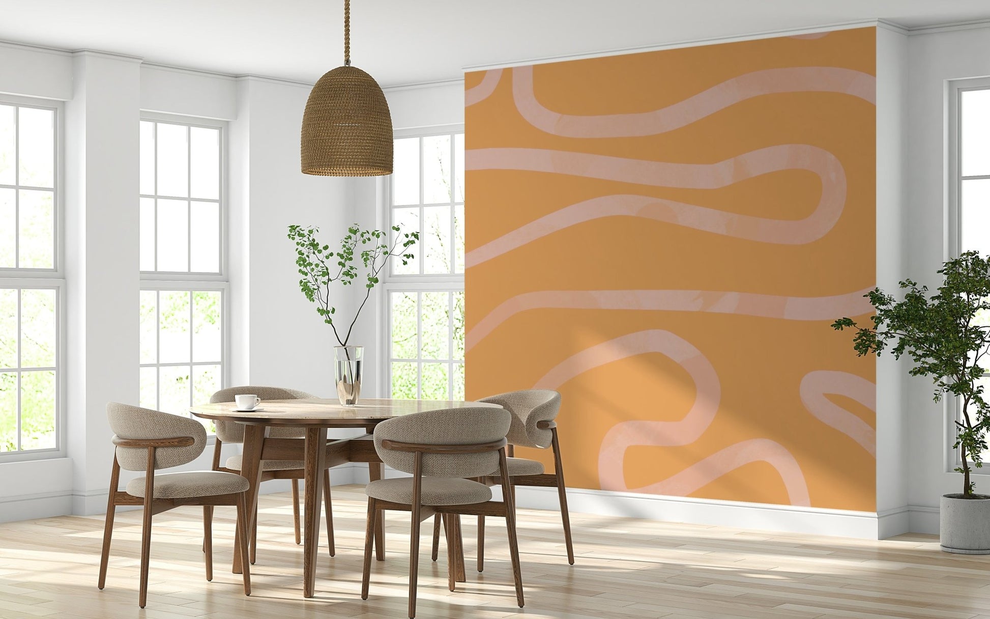 Warm salmon color abstract mural gentle curve pattern flowing.