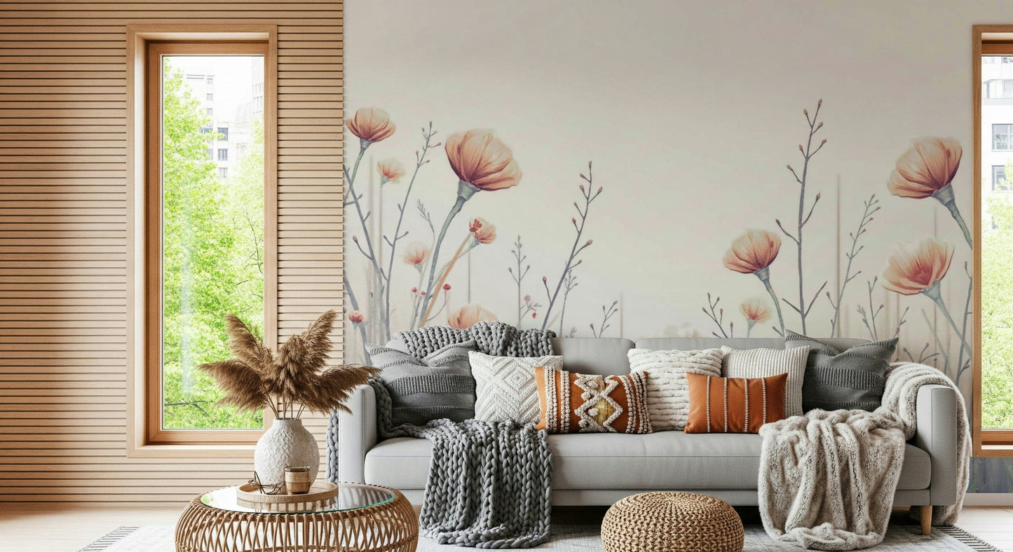 Calming Whispering Blooms wallpaper creates tranquil pastel pattern wall mural.