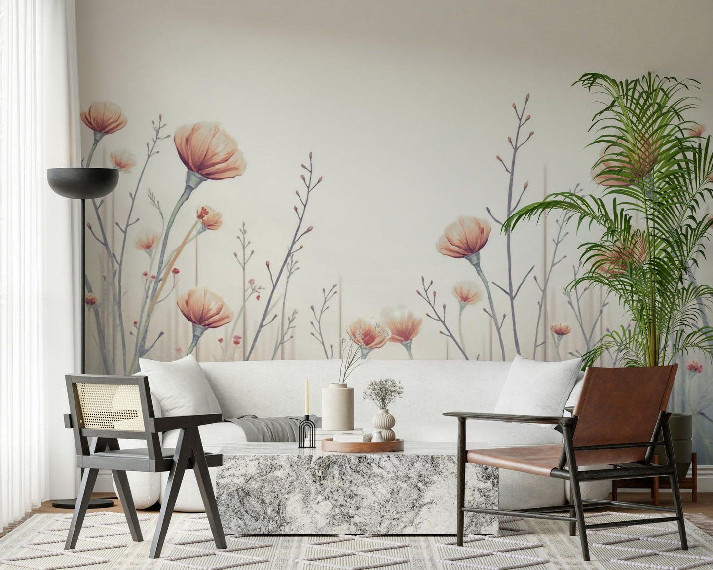 Subtle Whispering Blooms wallpaper portrays hazy meadow landscape wall mural.
