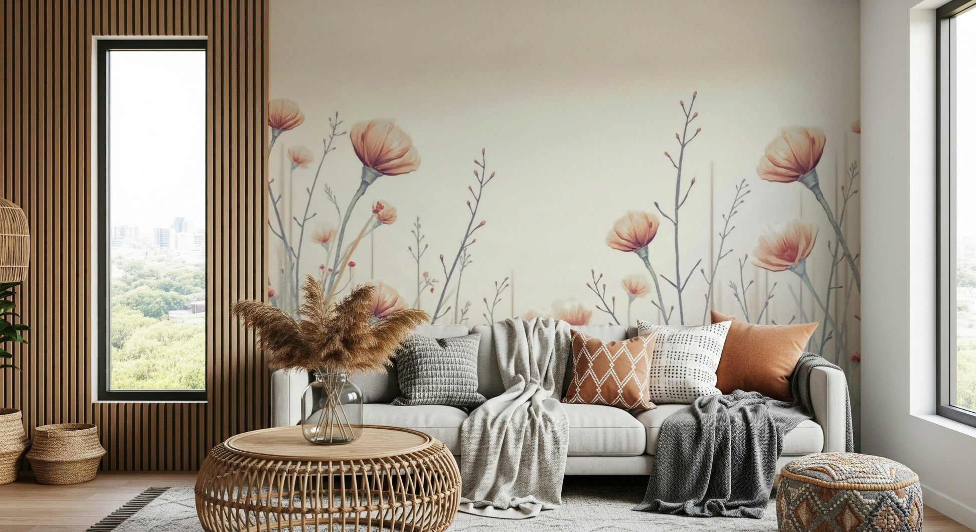 Vintage style Whispering Blooms wall mural showcases dreamy wildflower wallpaper.