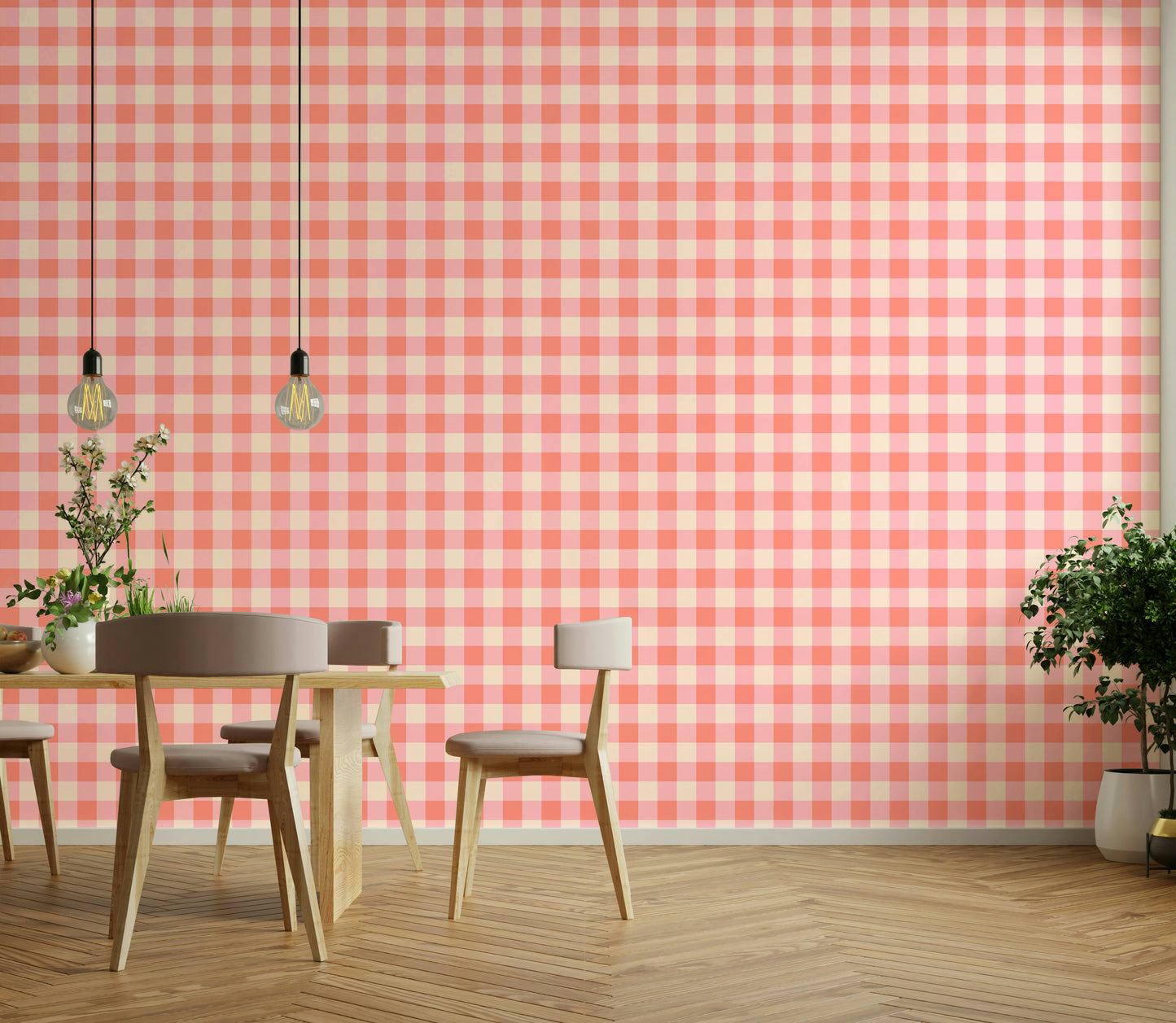Checkered wall design in peach fuzz shade

