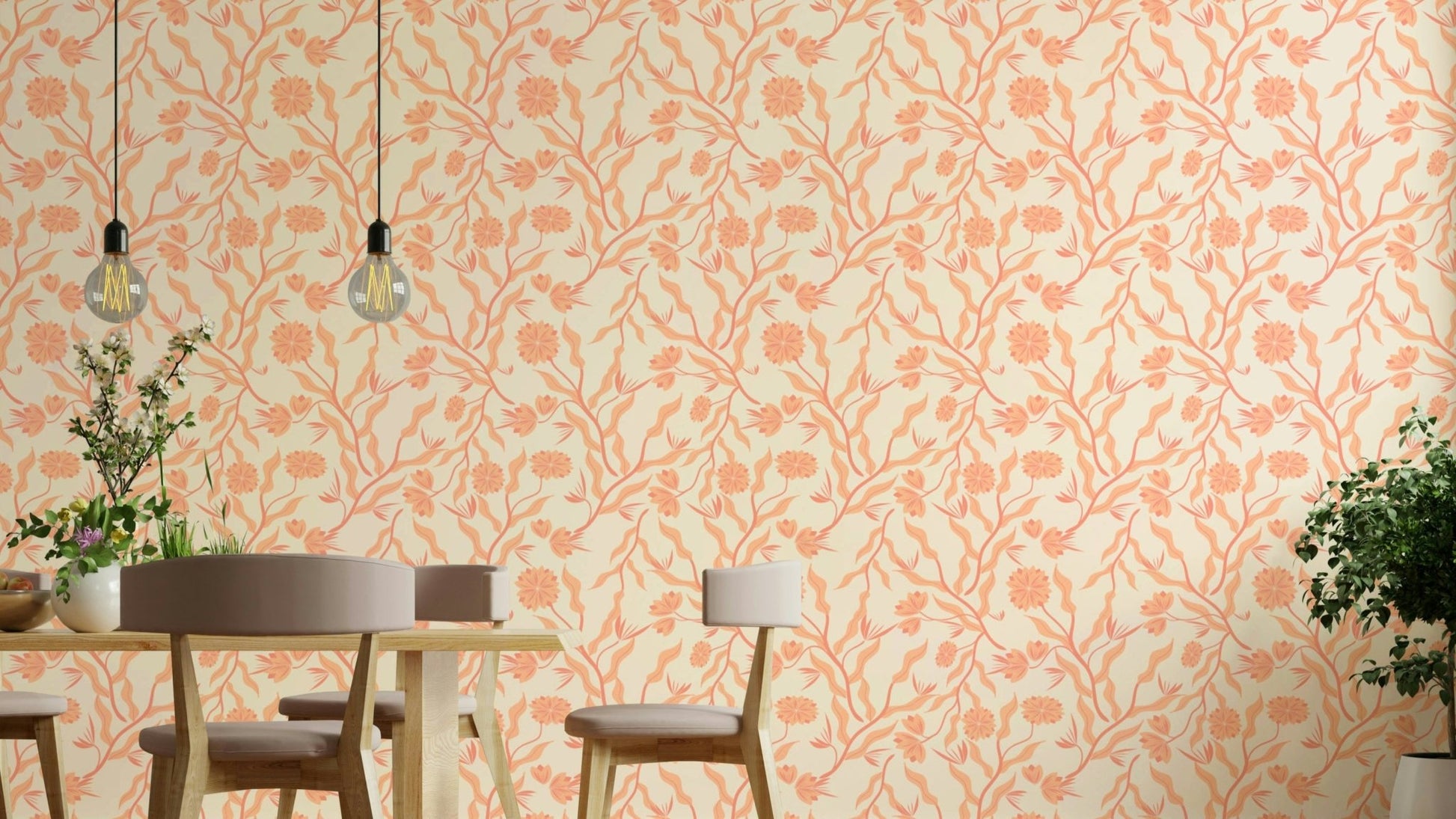 Peach Garden Reverie Wallpaper with artistic florals

