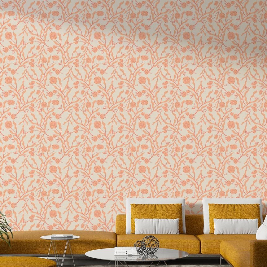 Watercolor-style peach floral wallpaper for interiors

