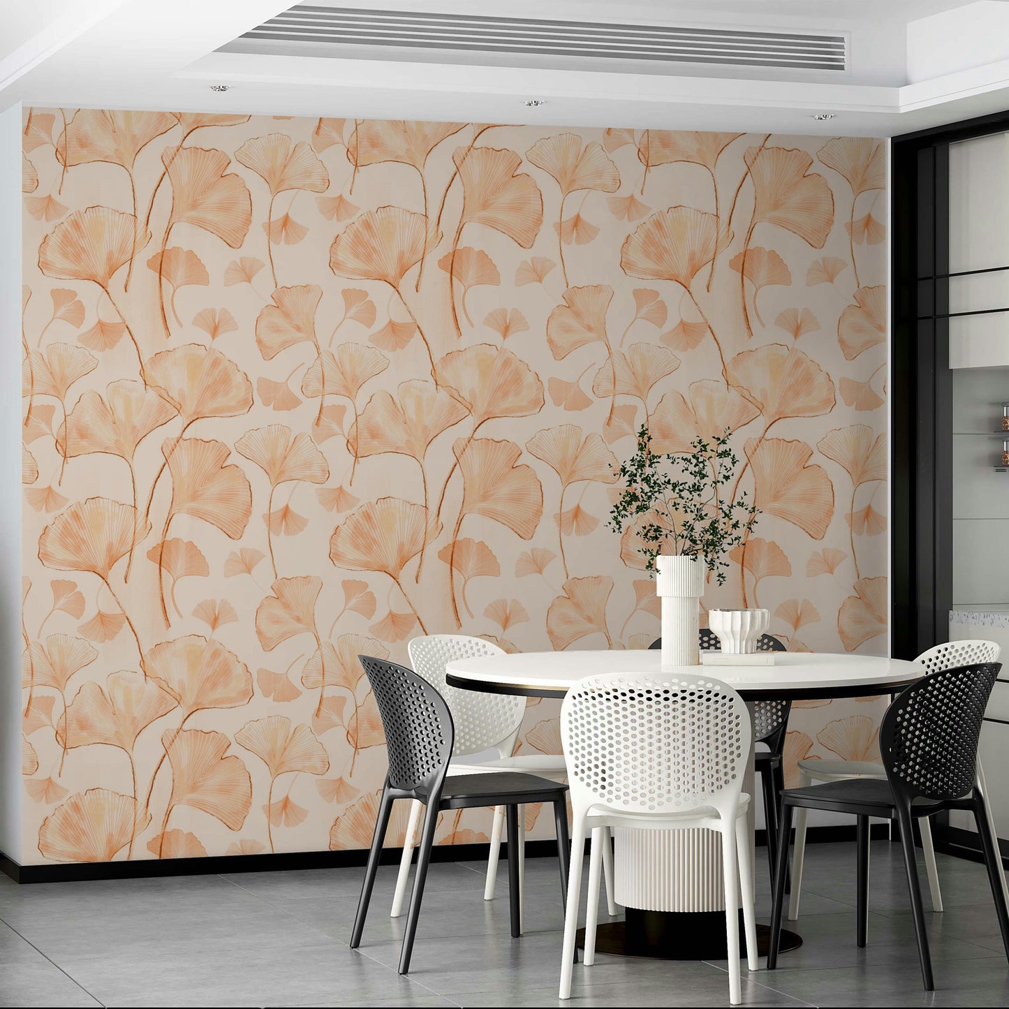 The wall art combines an organic pattern with soft colors.

