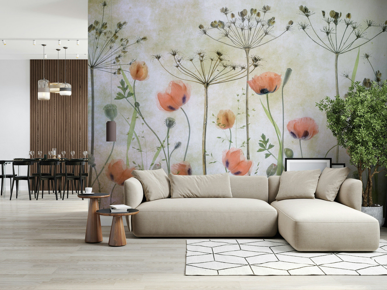 A beautiful modern art wall mural of delicate flowers.

