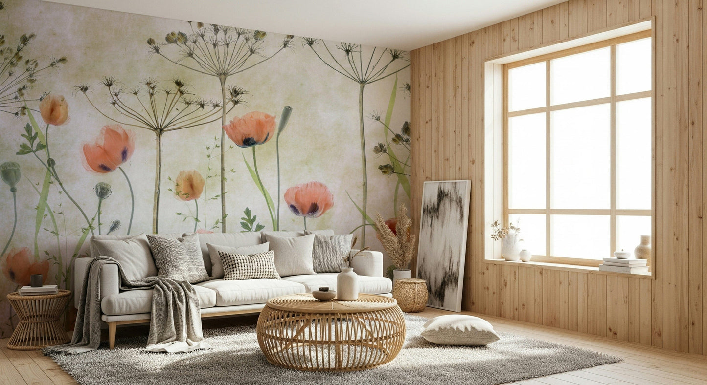 A peaceful flower design mural on decorative wallpaper.

