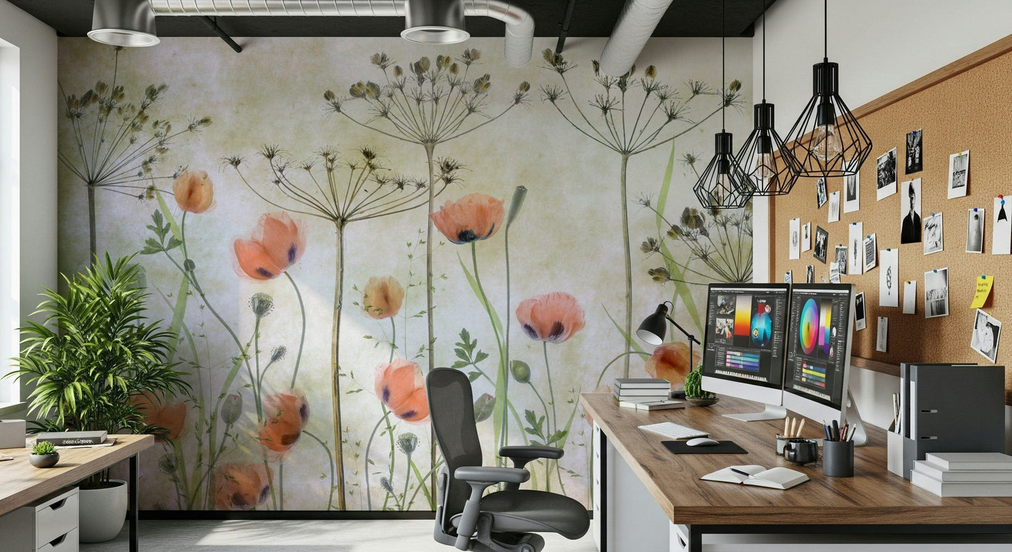 A contemplative painterly floral wallpaper mural for a feature wall.

