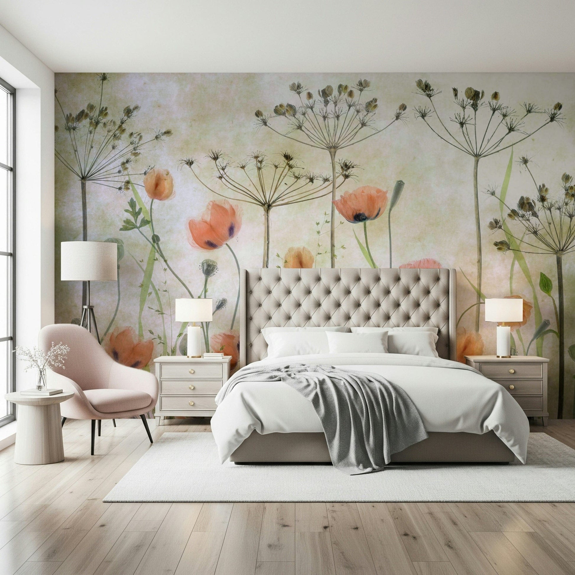 An artistic delicate bloom mural on minimalist wallpaper.

