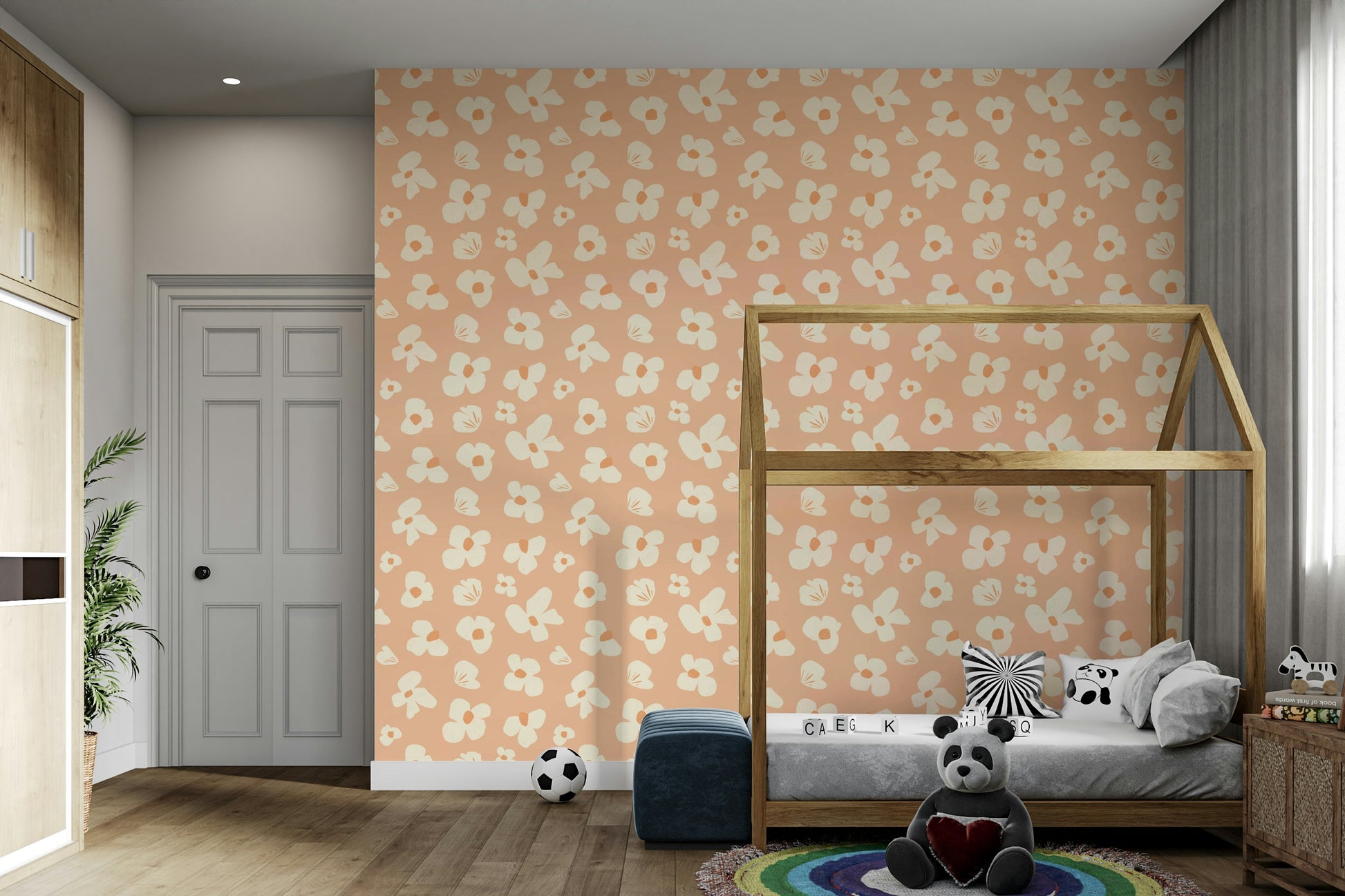 Abstract floral wallpaper in peach and cream tones

