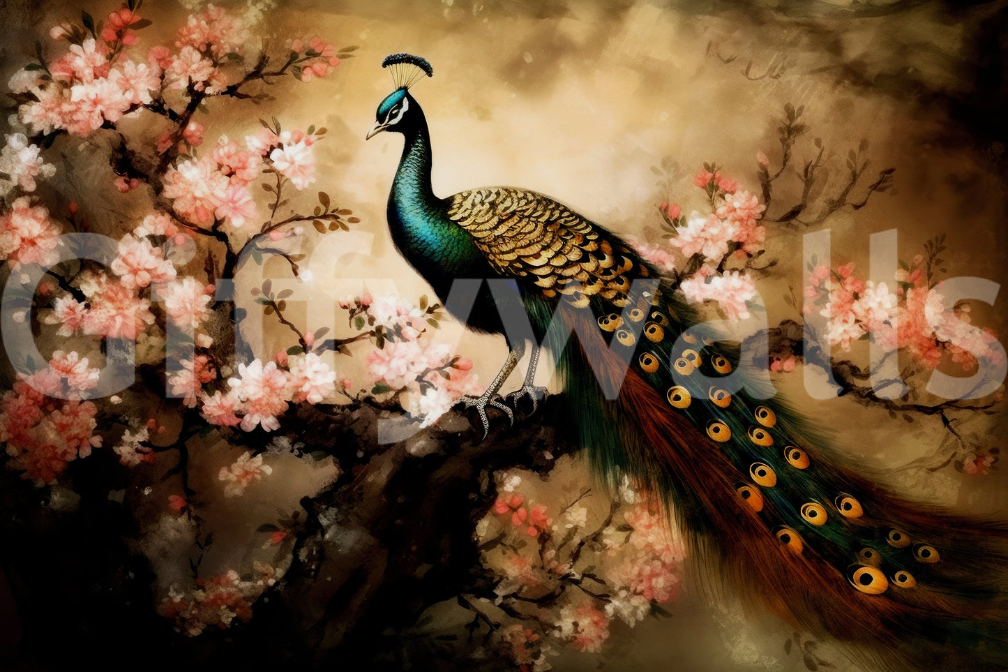 Peacock bloom mural on staircase wall, teal feather shapes, contemporary interior