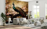 Peacock's Bloom Wall Mural in modern living room, teal and gold feather pattern