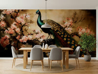 Entryway feature wall with peacock bloom mural, bright teal feathers, clean decor