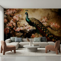 Dining room wall decor with peacock feather mural, modern style, rich jewel colors