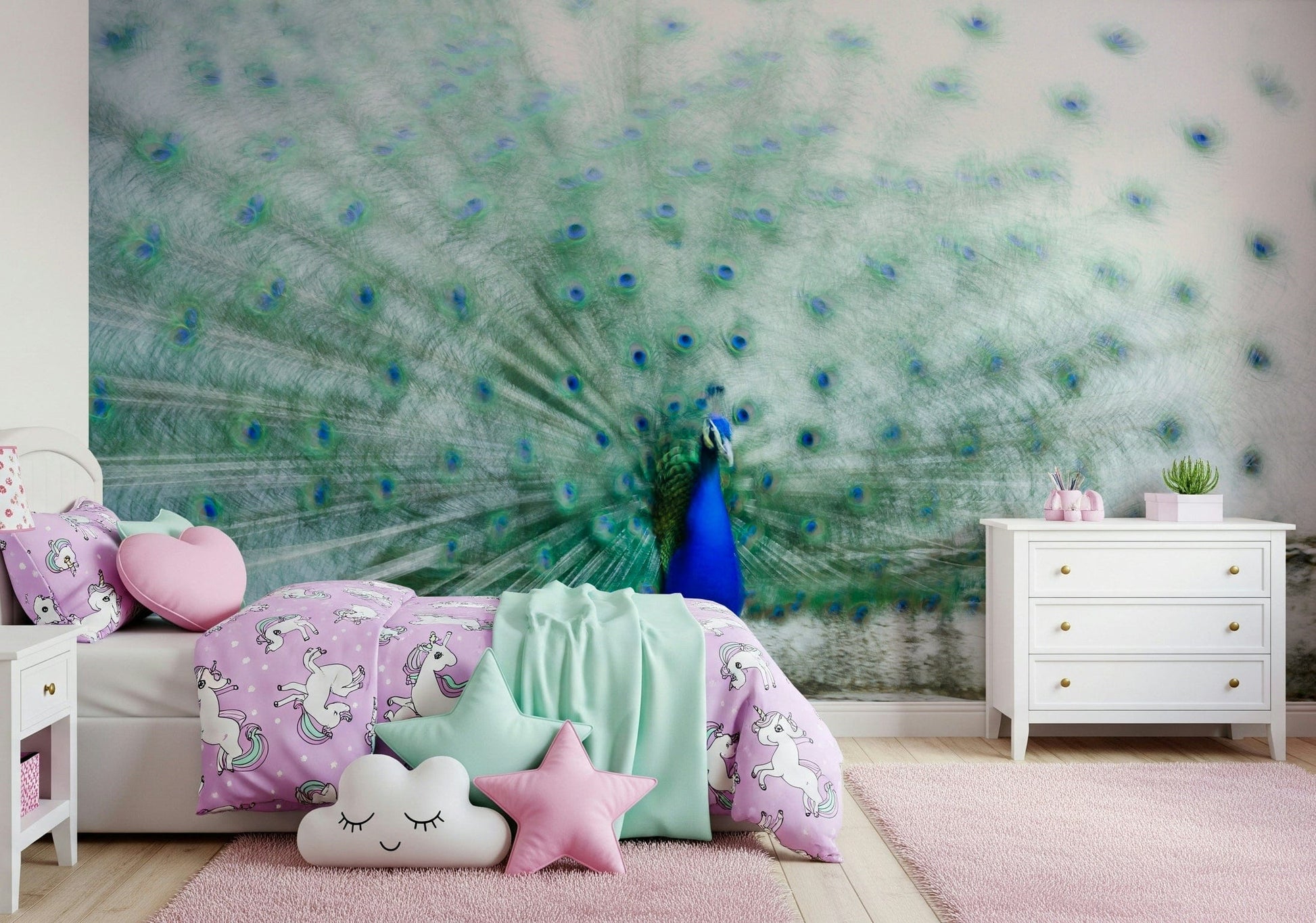 Artistic peacock wall covering with vivid, colorful feathers and decorative details.