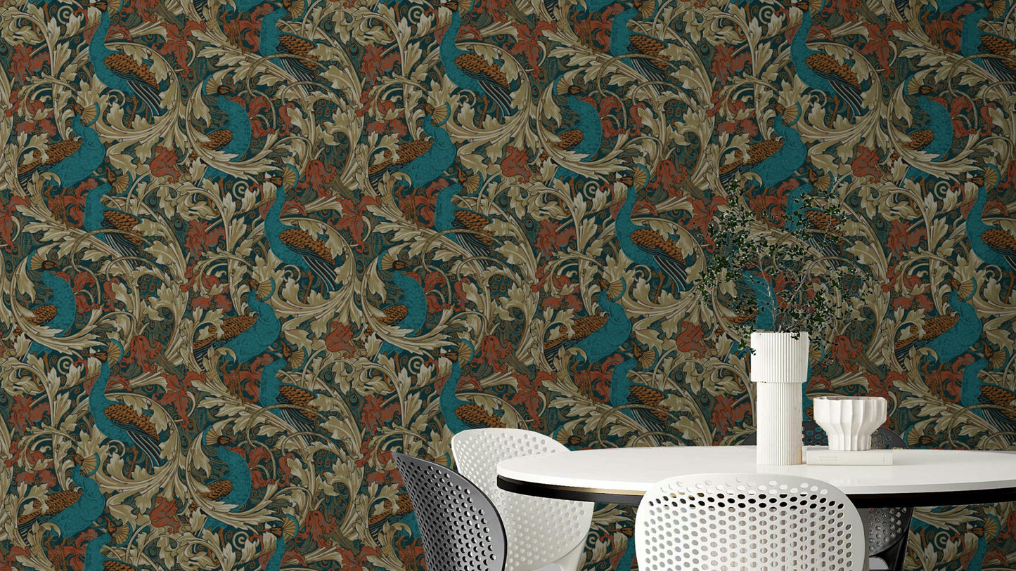 Walter Crane Peacock Garden wallpaper in teal and rust for a modern living room