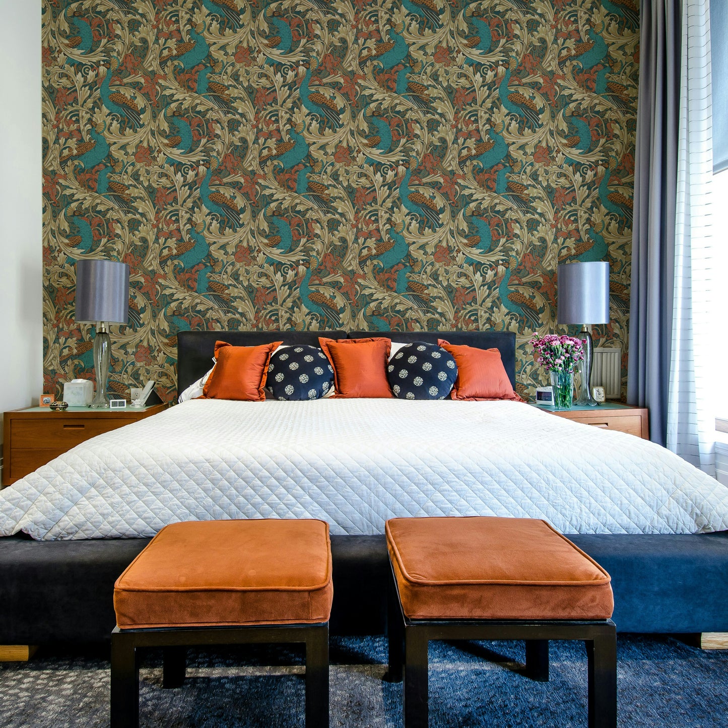 Art Nouveau bird pattern wall mural in mustard and beige tones for an apartment bedroom