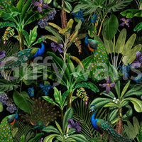 Elegant peacock wall mural featuring colorful feathers and deep, midnight hues.

