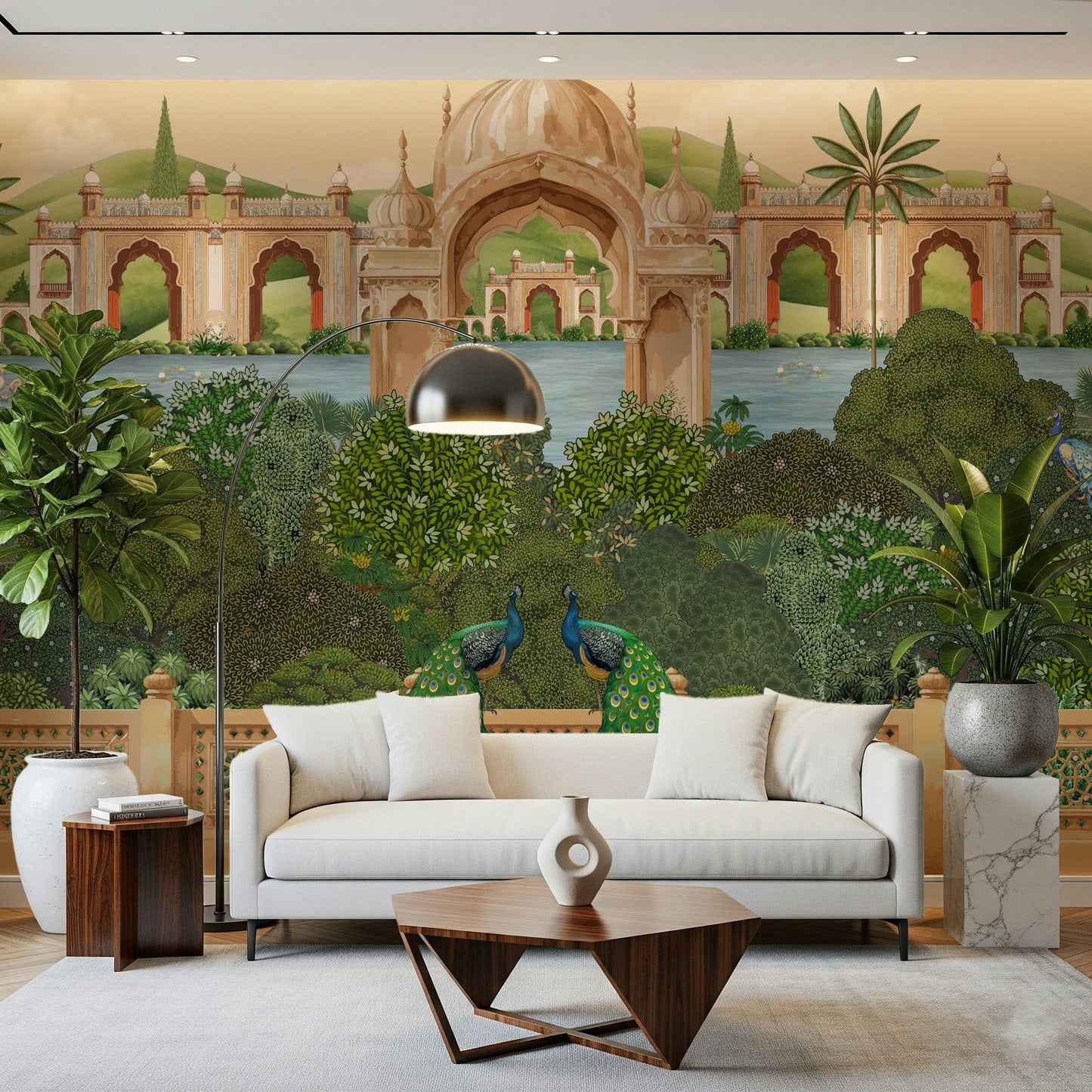 Close-up of peacock feathers and blossoms in a wall mural design