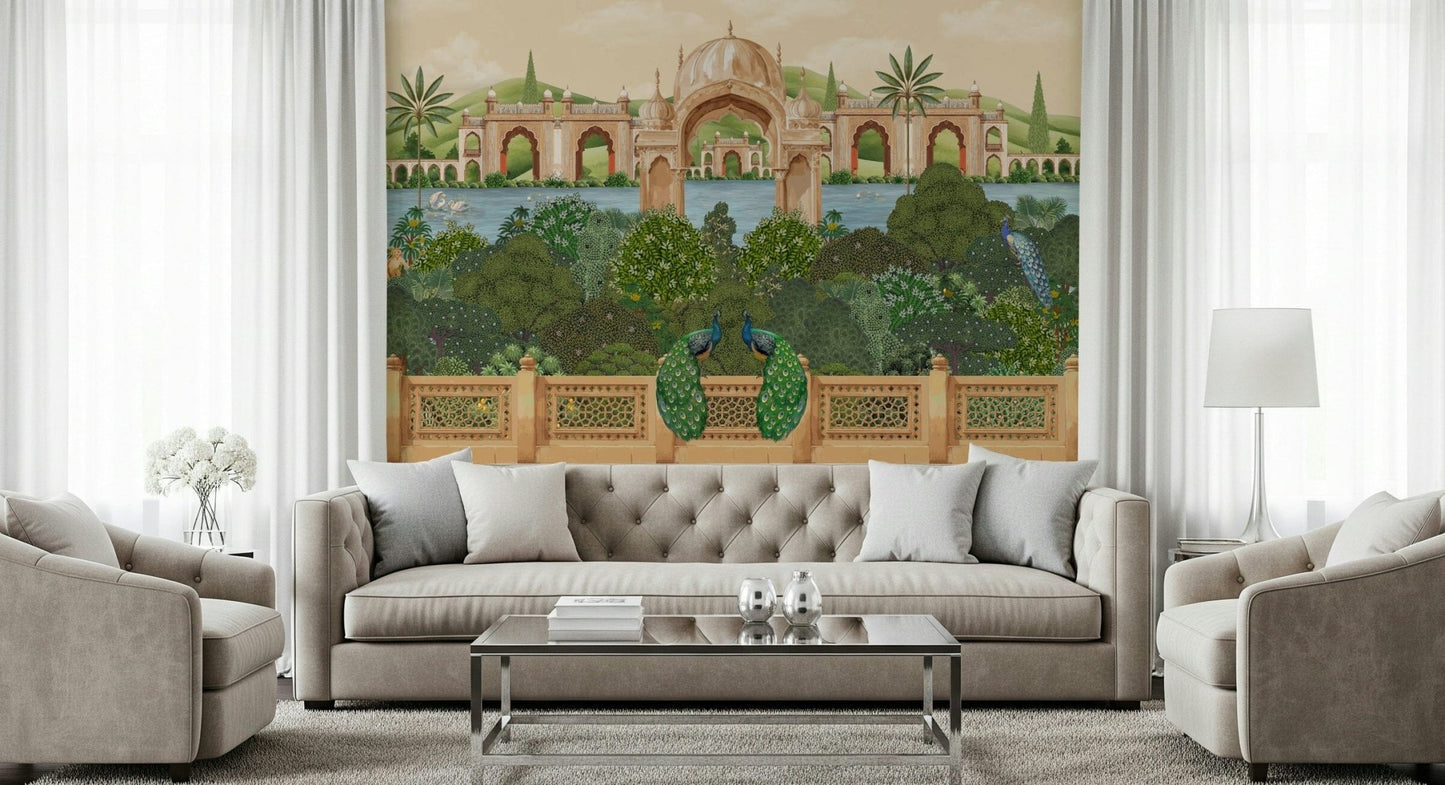 Peacock feather pattern wall mural with floral accents