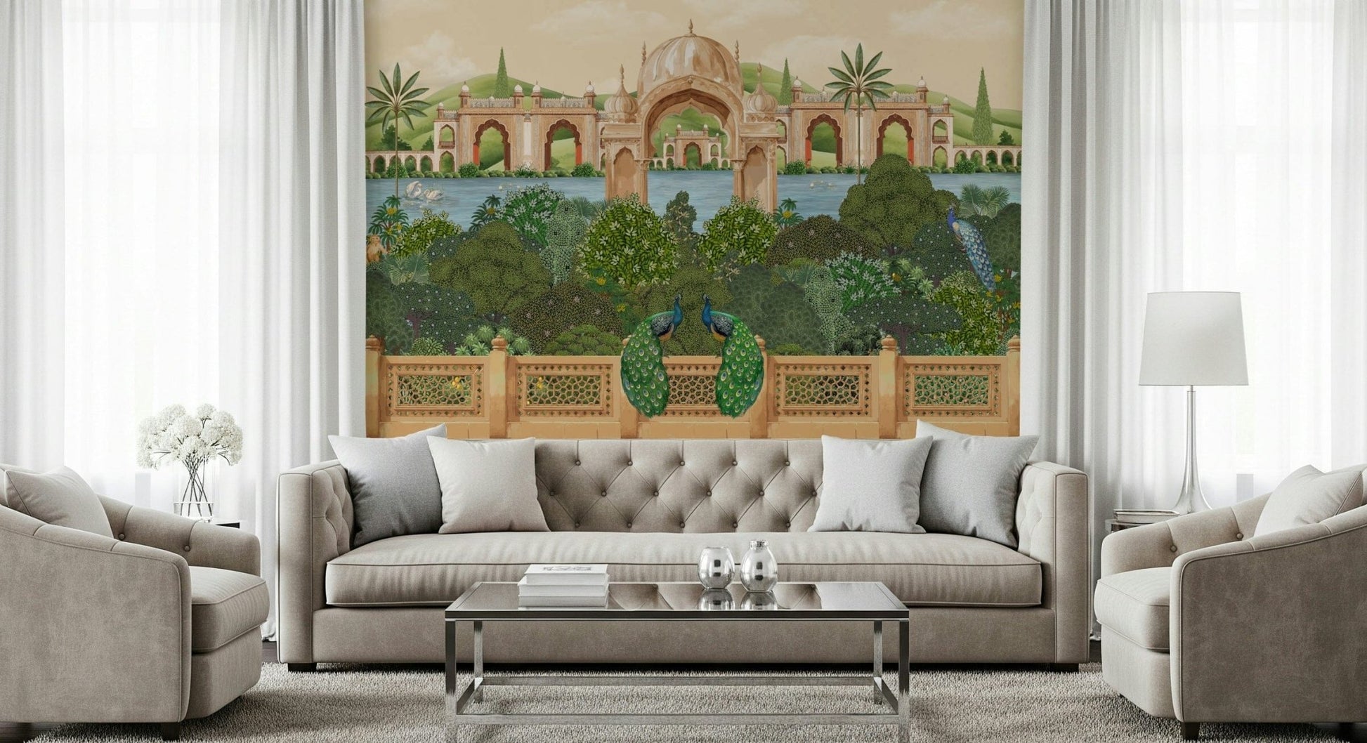 Peacock feather pattern wall mural with floral accents