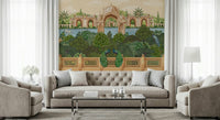 Peacock feather pattern wall mural with floral accents