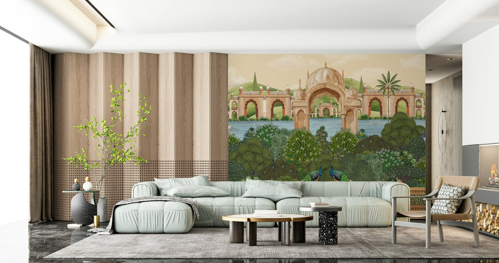 Elegant peacock mural design for dining room accent wall