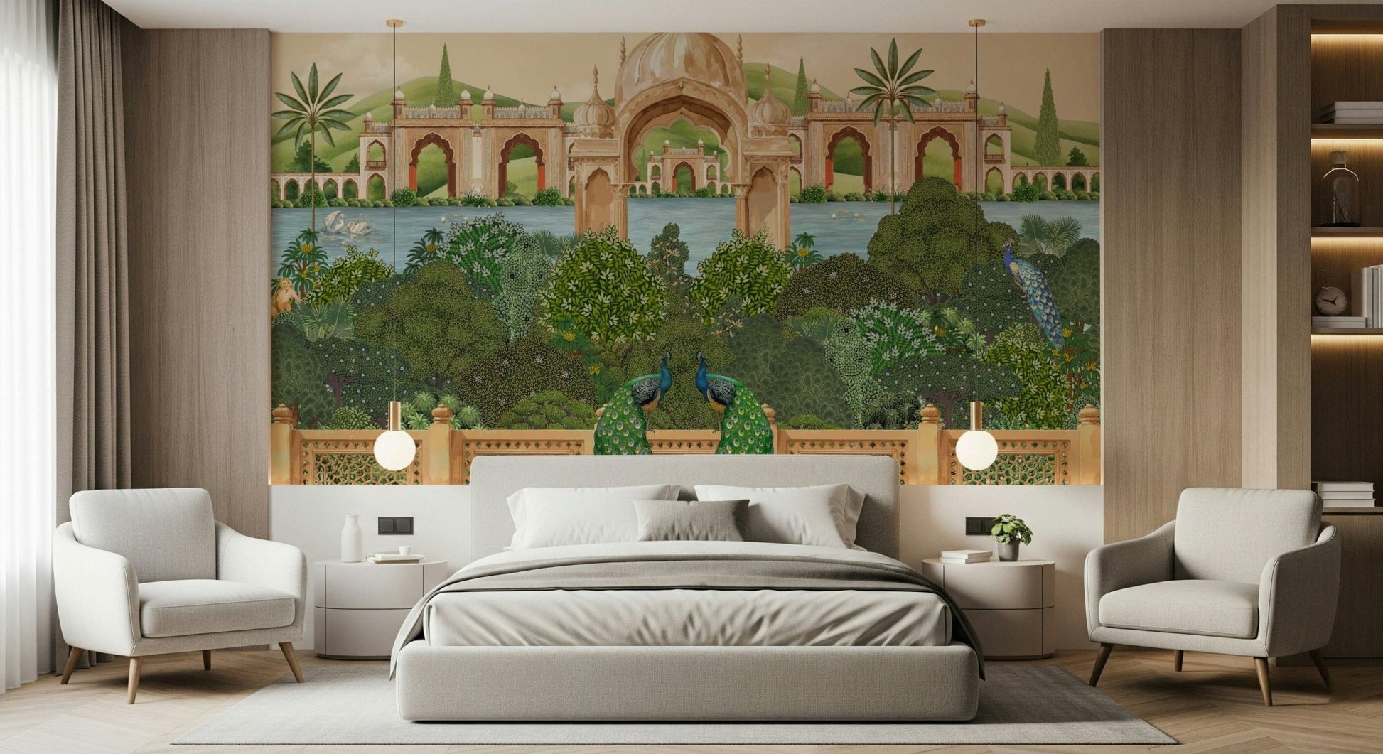 Peacock paradise wall mural with birds, vines, and floral details