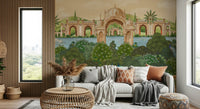Tropical peacock mural with layered leaves and bright flowers