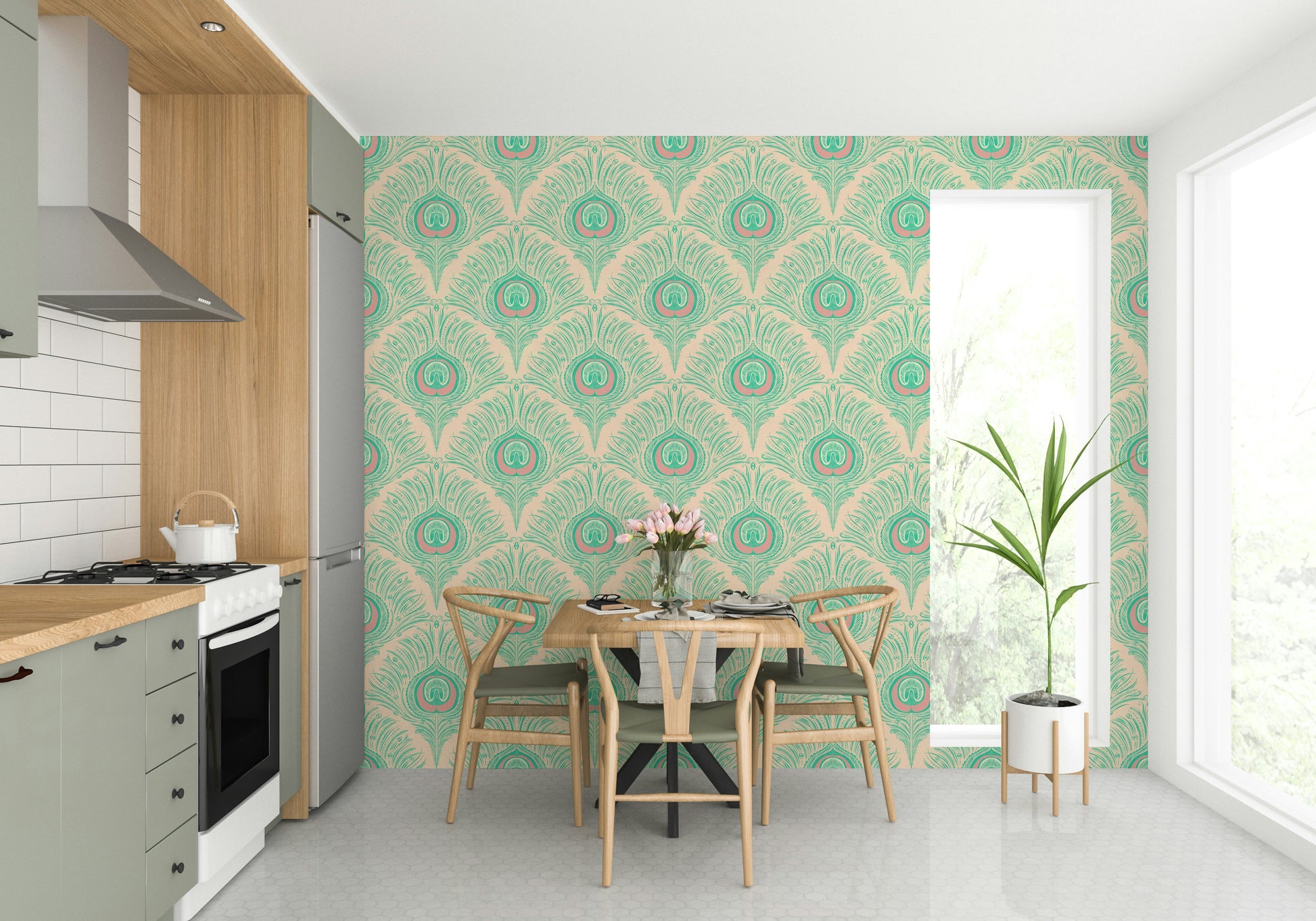 Decorative peacock plume print on wall covering

