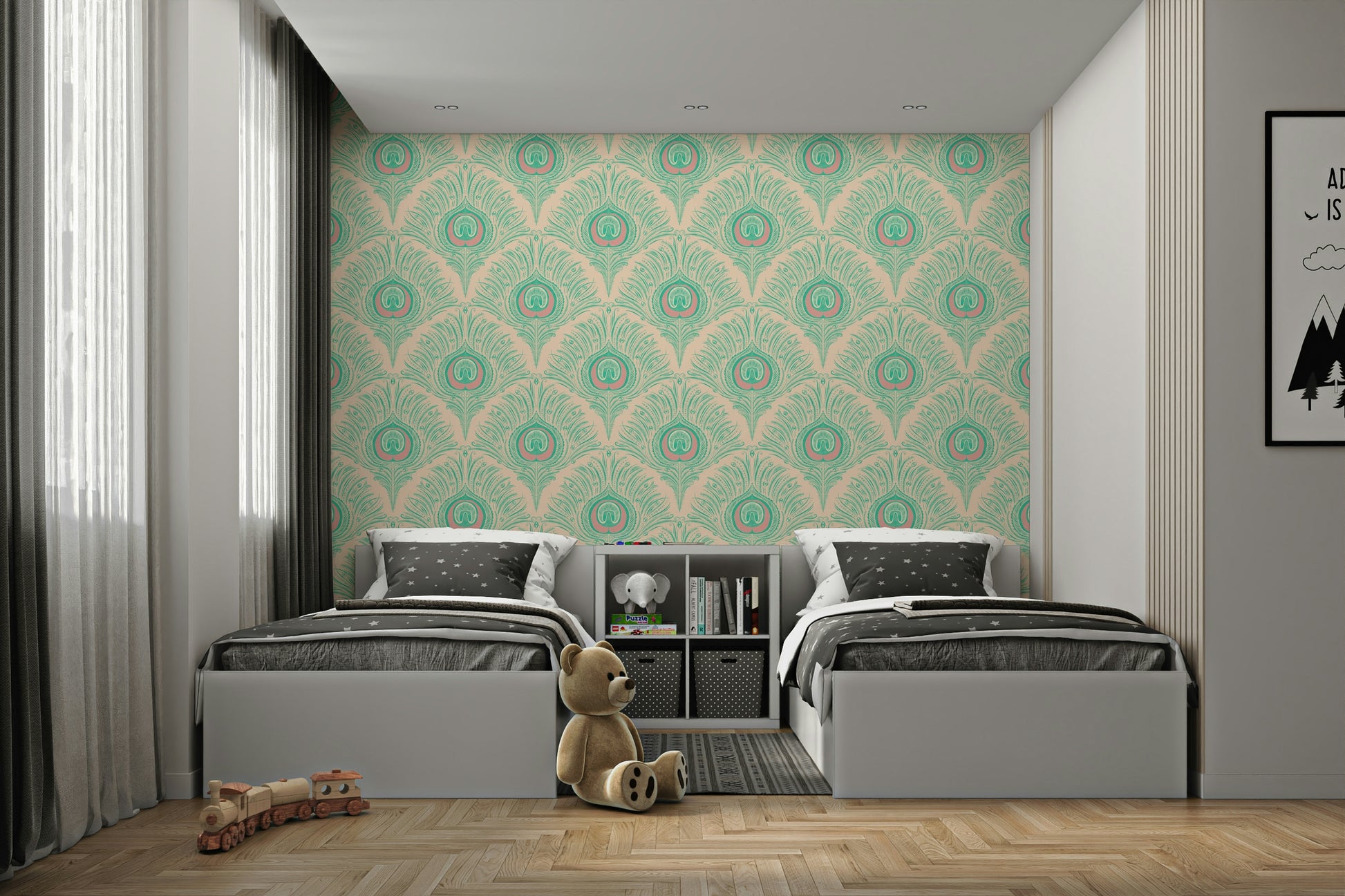 Bold wallpaper with striking peacock plume design

