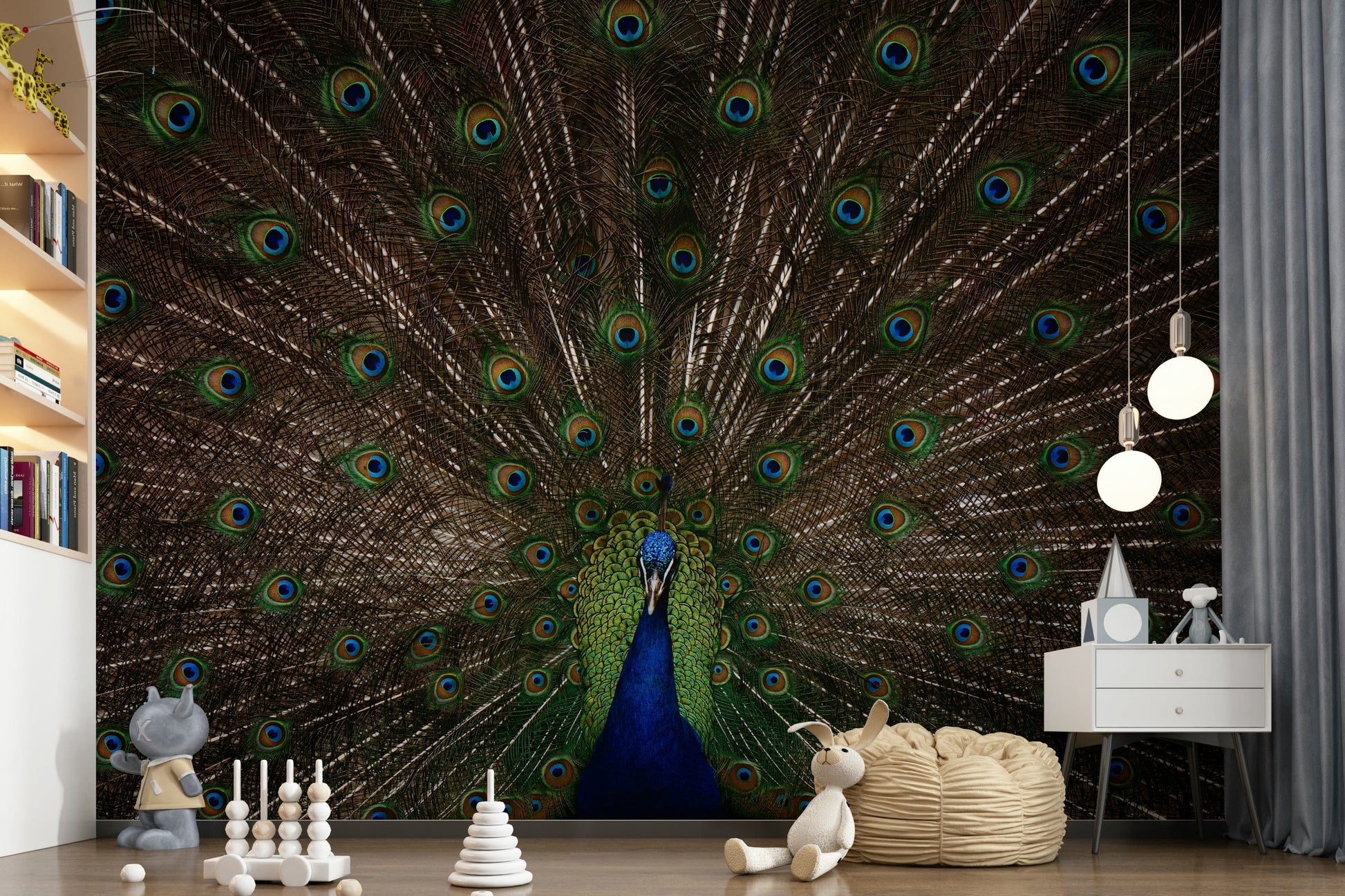 Peacock Pride Wall Mural with striking colors and intricate feather designs.