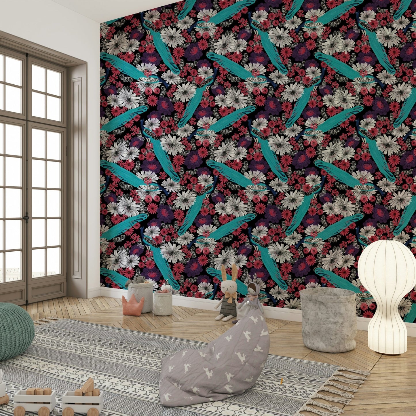 Black wall mural with peacock pattern

