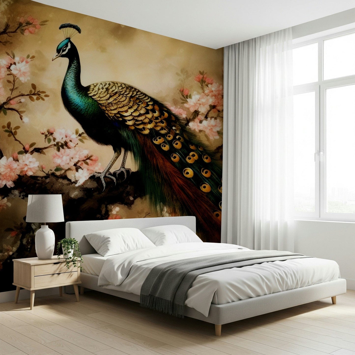 Accent wall mural with peacock bloom motif, smooth lines, modern apartment decor