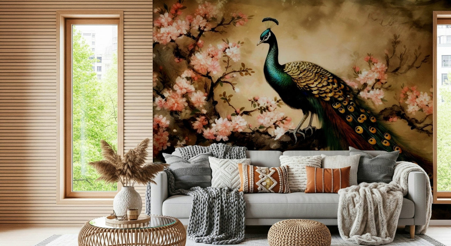 Nursery wall mural with gentle peacock bloom pattern, soft blue green background