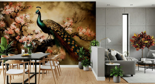 Peacock feather wall mural behind sofa, modern apartment wall decor in blue green
