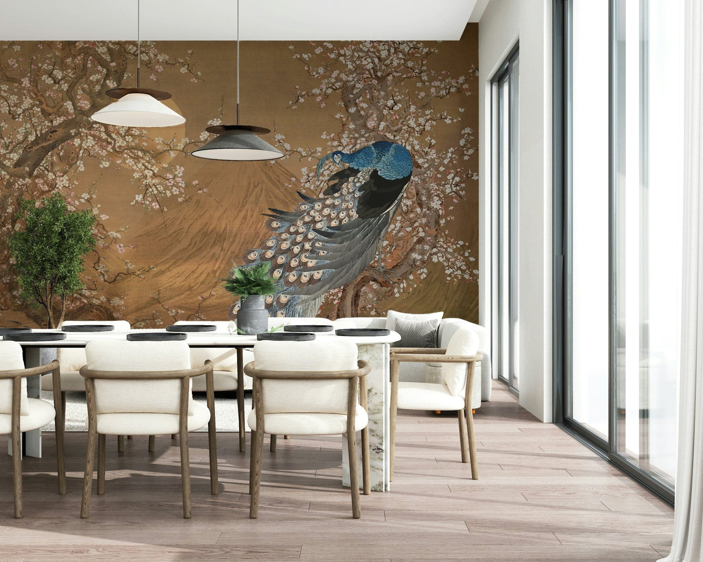 Peacock wall mural in modern living room, teal and gold feathers, feature wall decor