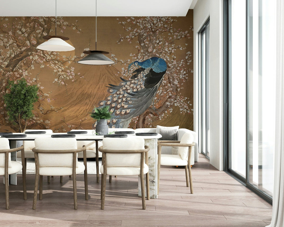 Peacock wall mural in modern living room, teal and gold feathers, feature wall decor