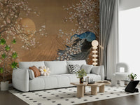 Peacock wall mural in apartment lounge, teal, green, and gold palette, sleek decor
