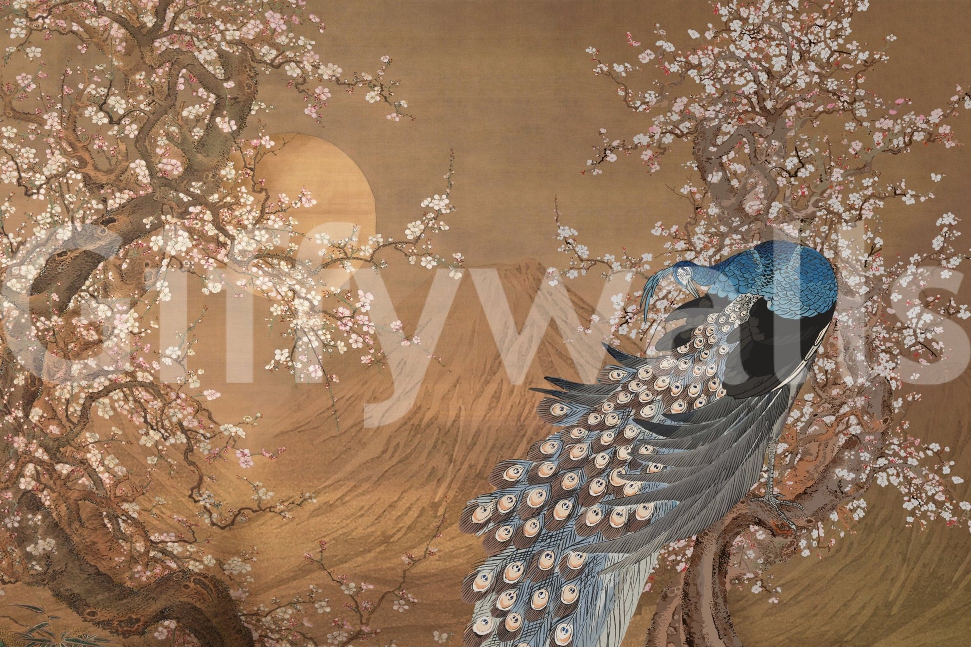 Artistic peacock mural for office meeting room, detailed feather eye pattern, modern wall decor