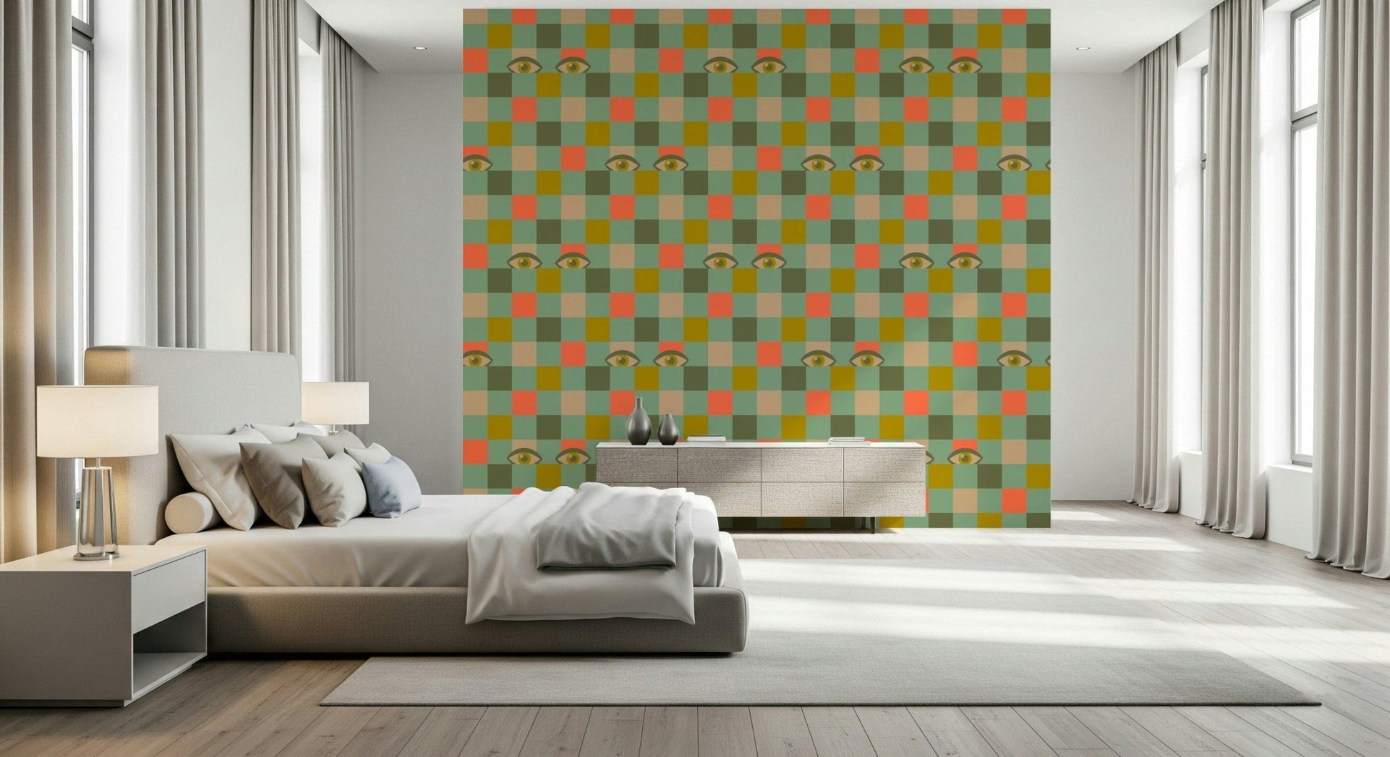 A whimsical wallpaper blending checkerboard geometry and peekaboo eyes in a nostalgic color palette.