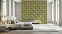 A whimsical wallpaper blending checkerboard geometry and peekaboo eyes in a nostalgic color palette.