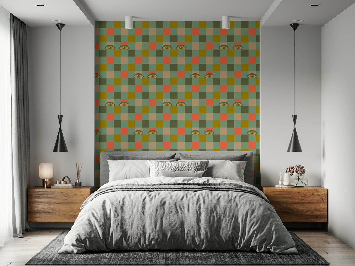 A retro checkerboard wallpaper featuring alternating mustard, cream, olive, coral, and mint green squares accented with playful illustrated eyes.