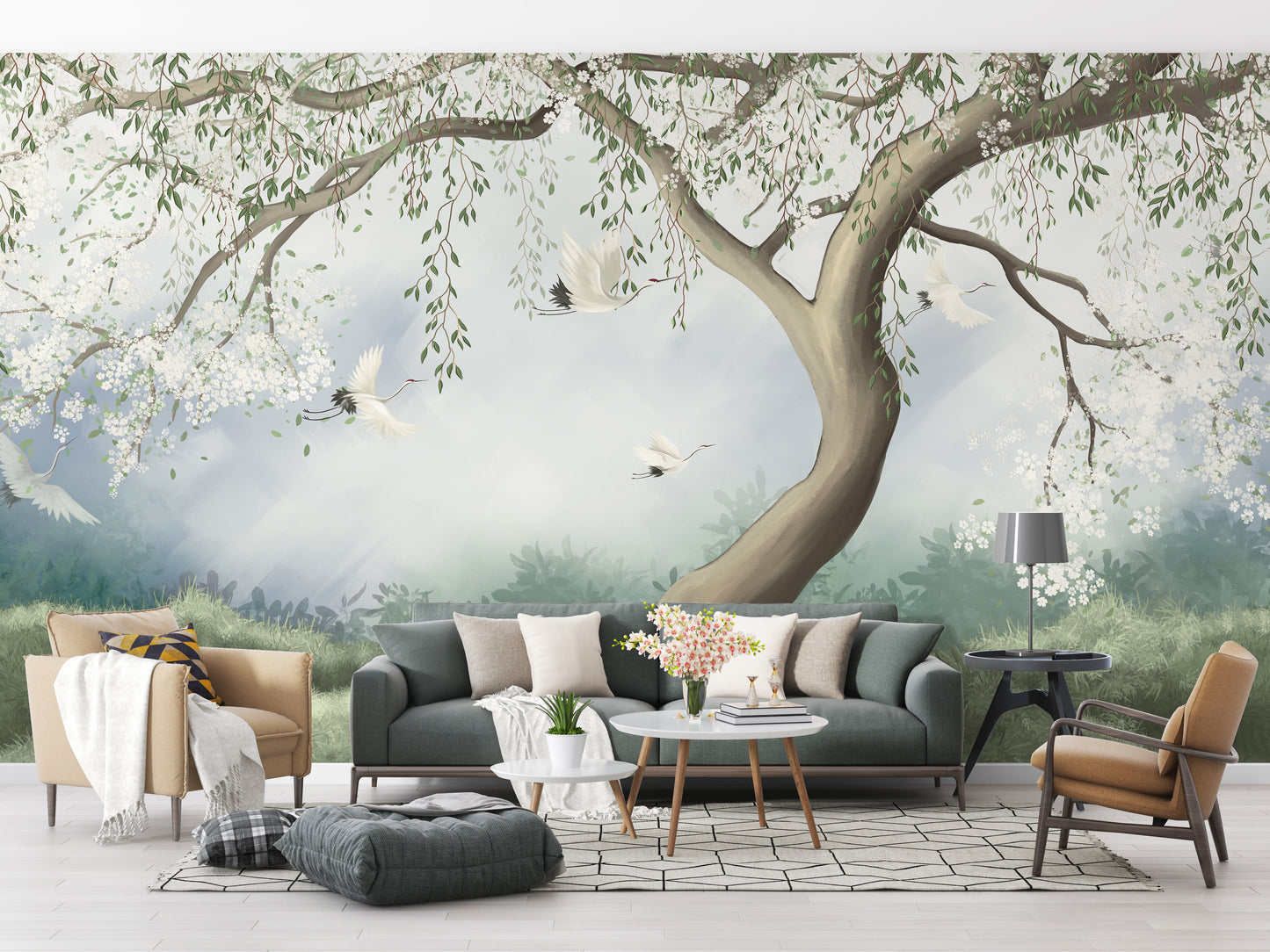 Foggy tree wallpaper for serene interiors
