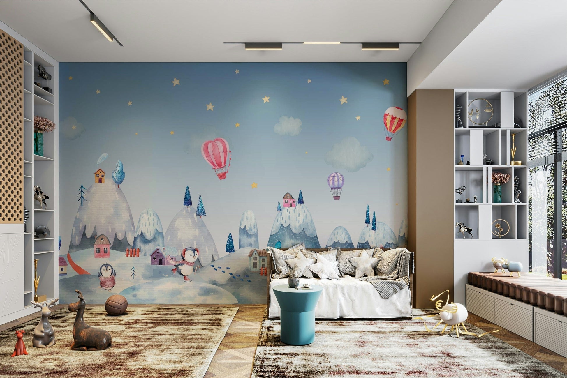 A peaceful wall mural with a whimsical, arctic design.

