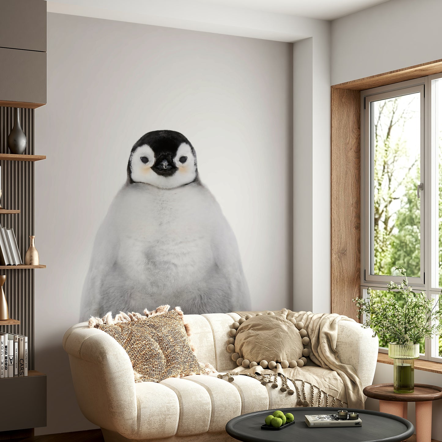 Fun penguin mural for a cozy living space

