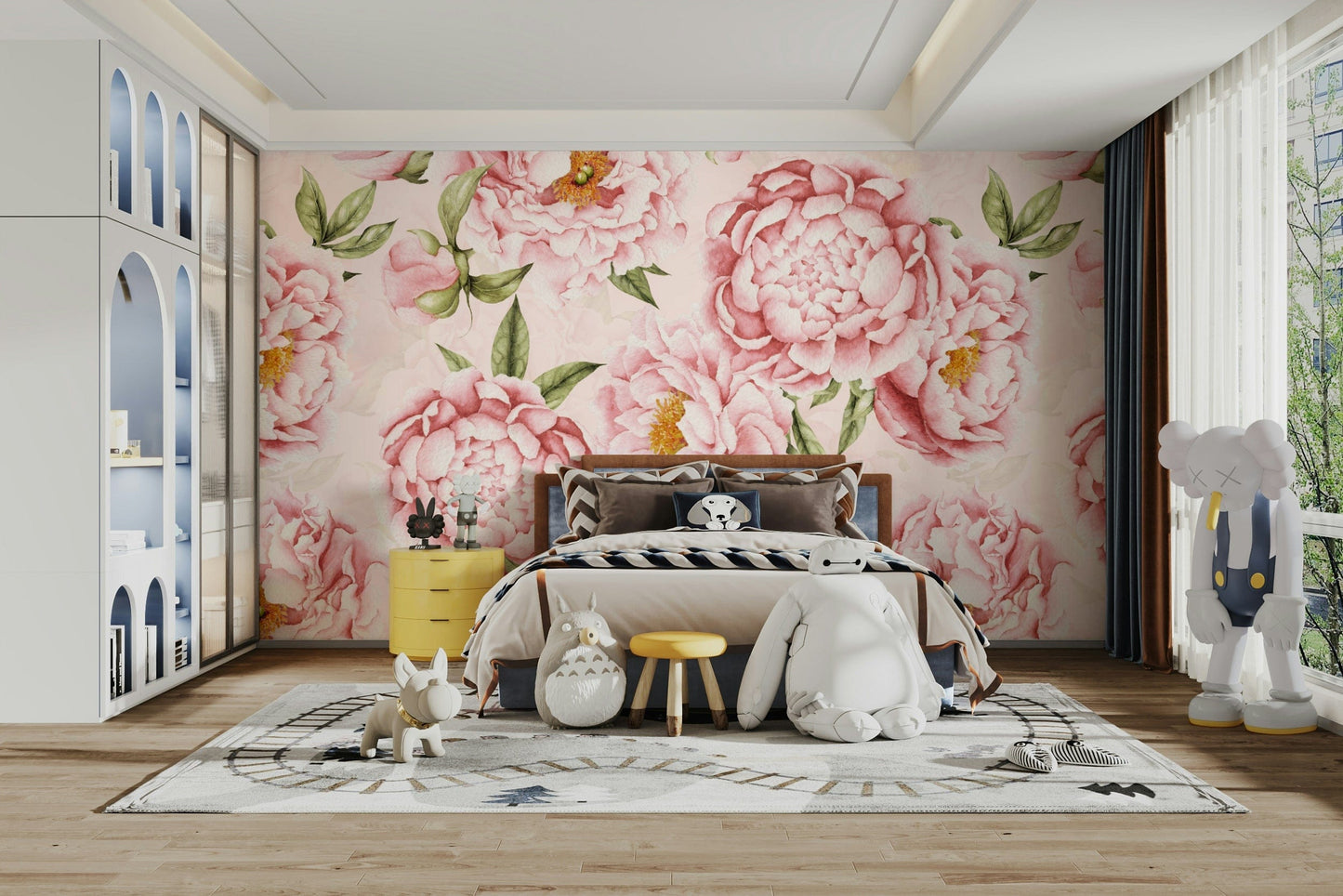 The wallpaper features a large floral pattern.

