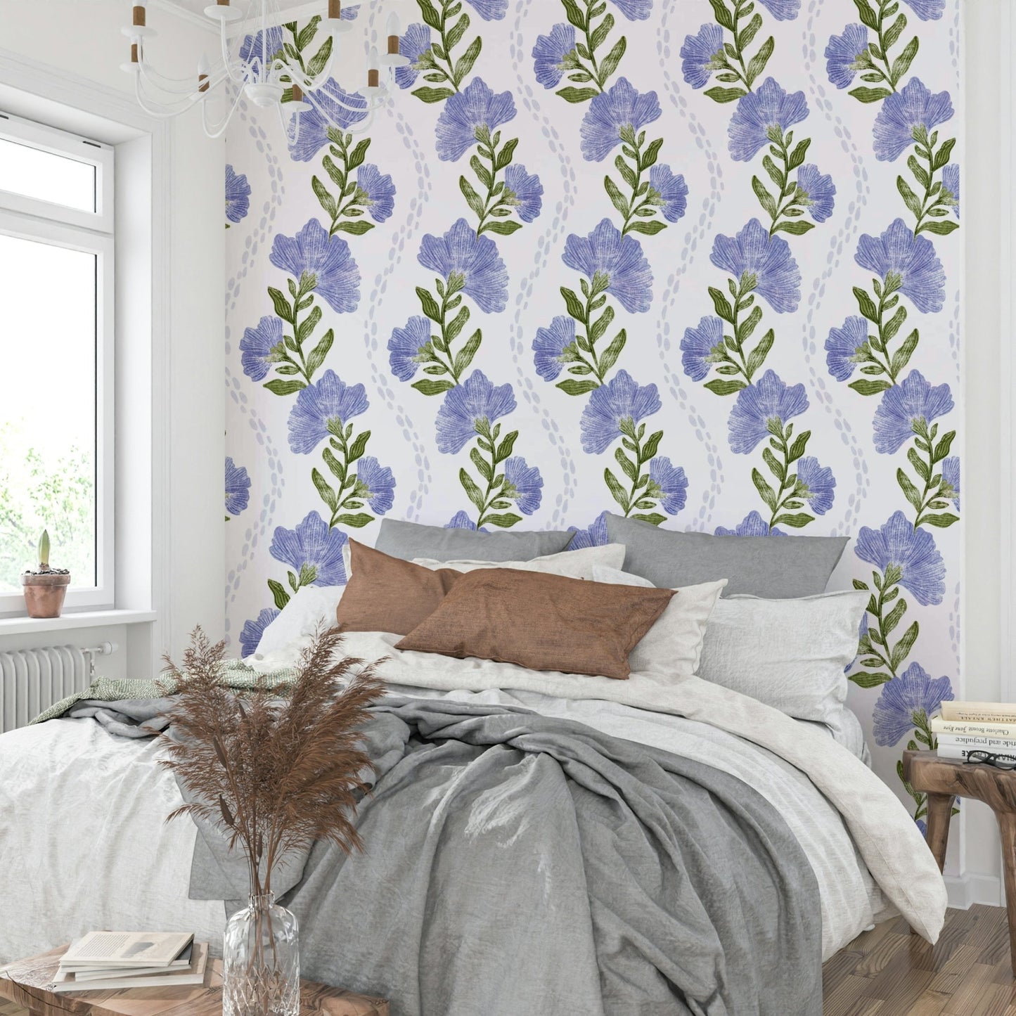 The image shows a repeating pattern of soft, periwinkle-colored flowers.

