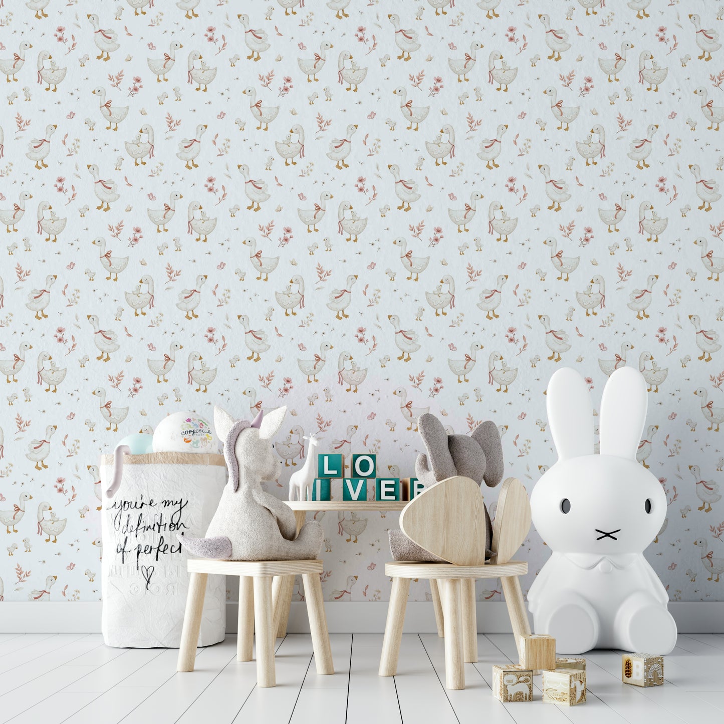 Geese-themed wallpaper with botanical style

