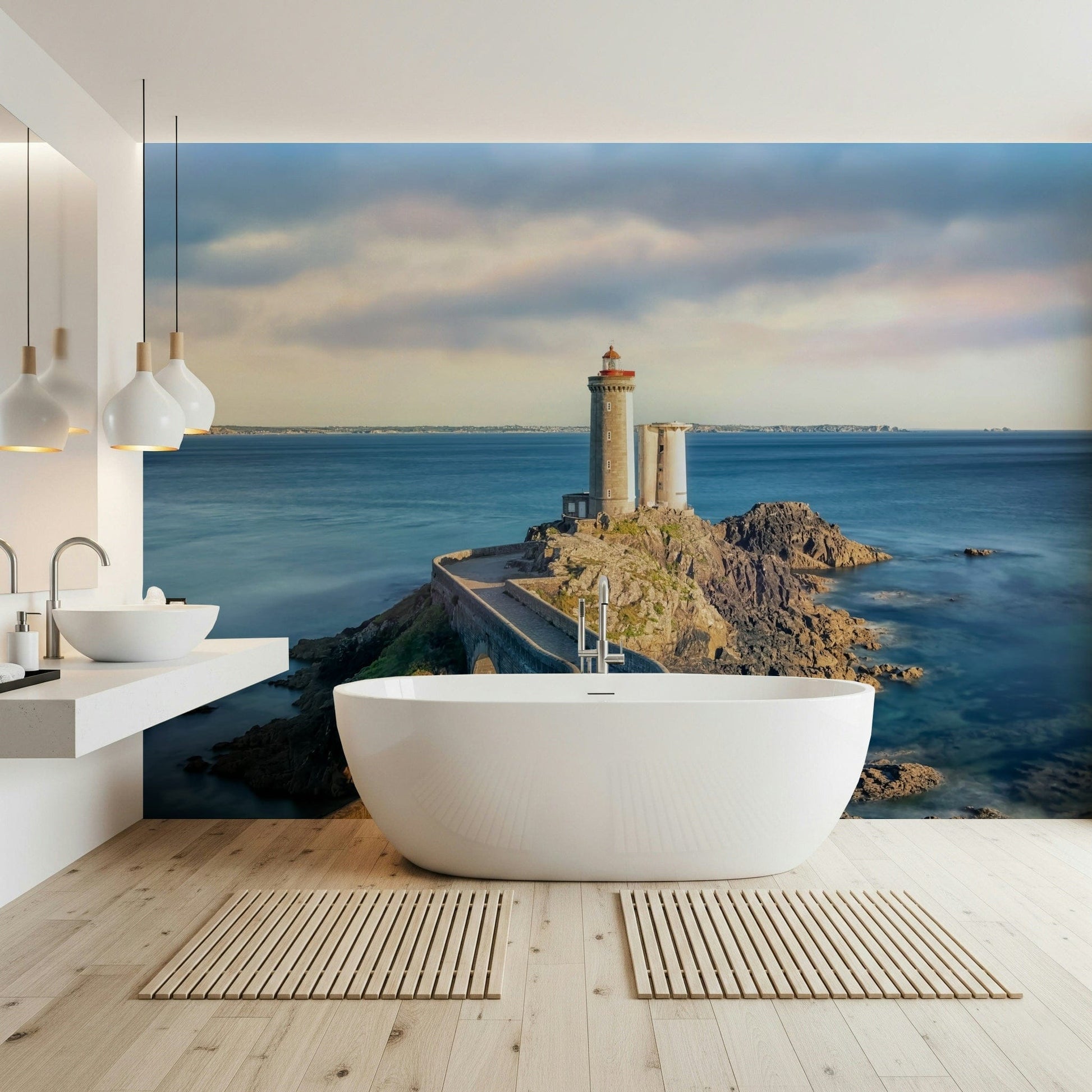 Petit Minou Lighthouse Wall Mural on TV wall, modern coastal palette